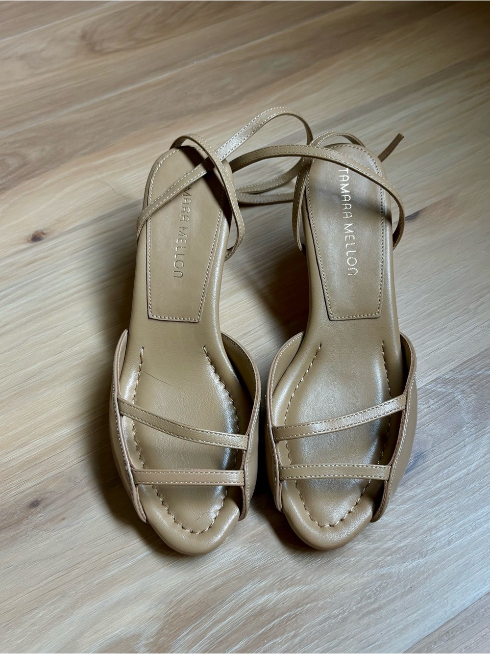 Tamara Mellon Nude Leather Ankle-Wrap Kitten Heel Sandals Size 6